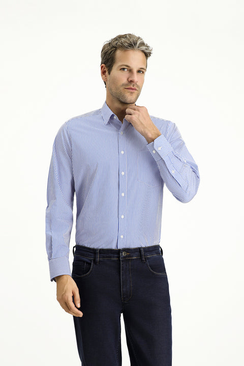 Light Navy Long-Sleeve Classic Striped Cotton Shirt