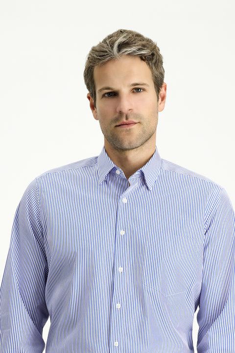 Light Navy Long-Sleeve Classic Striped Cotton Shirt