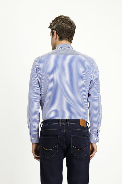 Light Navy Long-Sleeve Classic Striped Cotton Shirt