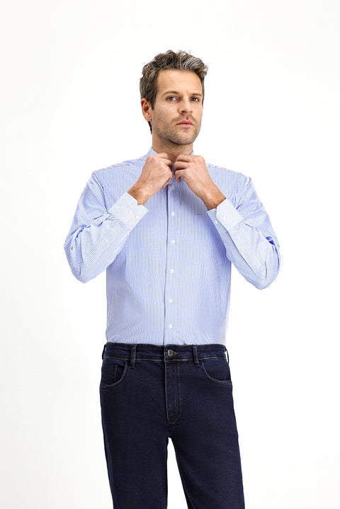 Blue Long-Sleeve Classic Striped Cotton Shirt