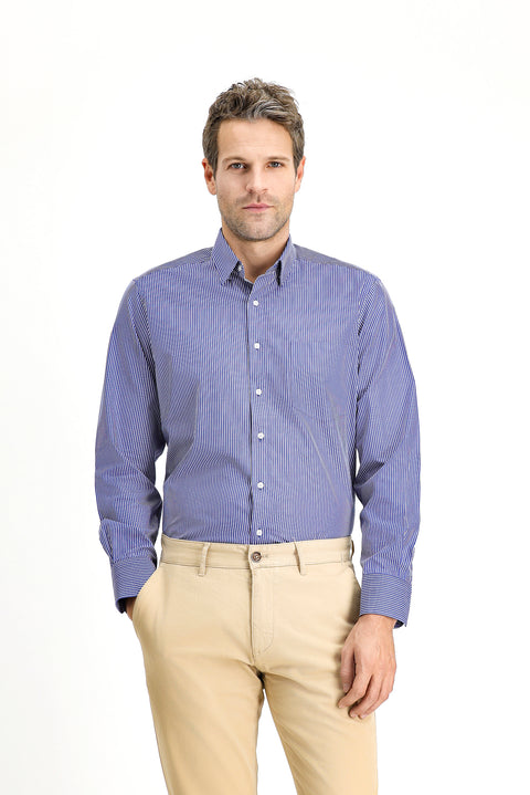 Dark Navy Long-Sleeve Classic Striped Cotton Shirt