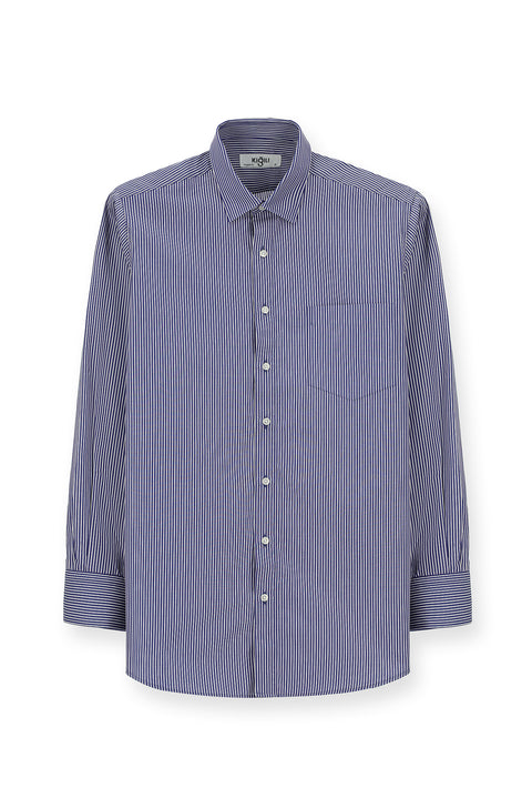 Dark Navy Long-Sleeve Classic Striped Cotton Shirt