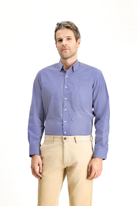 Dark Navy Long-Sleeve Classic Striped Cotton Shirt