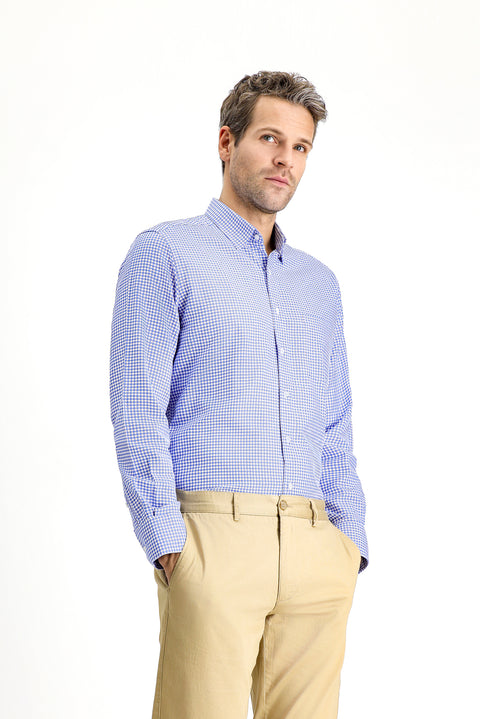 Light Navy Long-Sleeve Classic Plaid Cotton Shirt