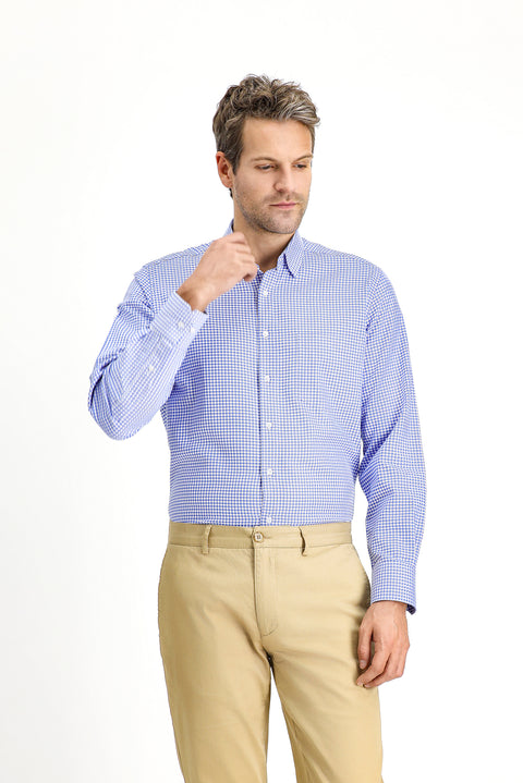 Light Navy Long-Sleeve Classic Plaid Cotton Shirt