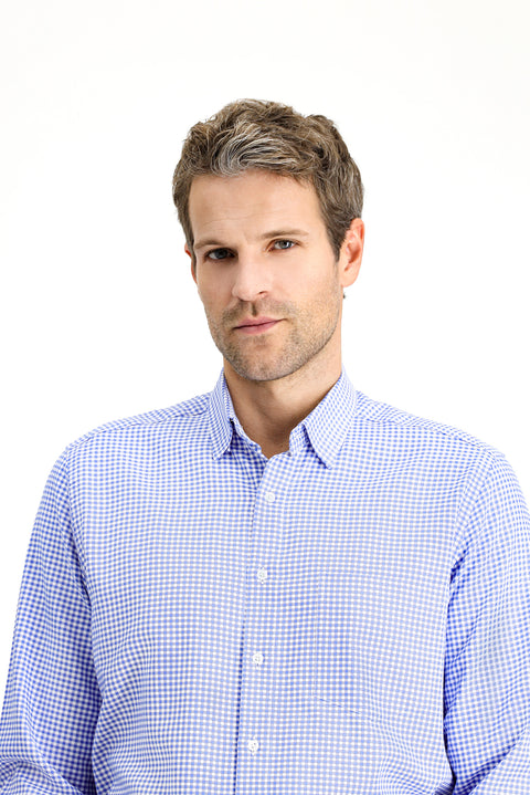 Light Navy Long-Sleeve Classic Plaid Cotton Shirt