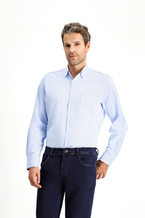 Blue Long-Sleeve Classic Plaid Cotton Shirt
