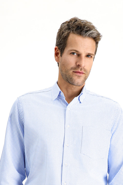 Blue Long-Sleeve Classic Plaid Cotton Shirt