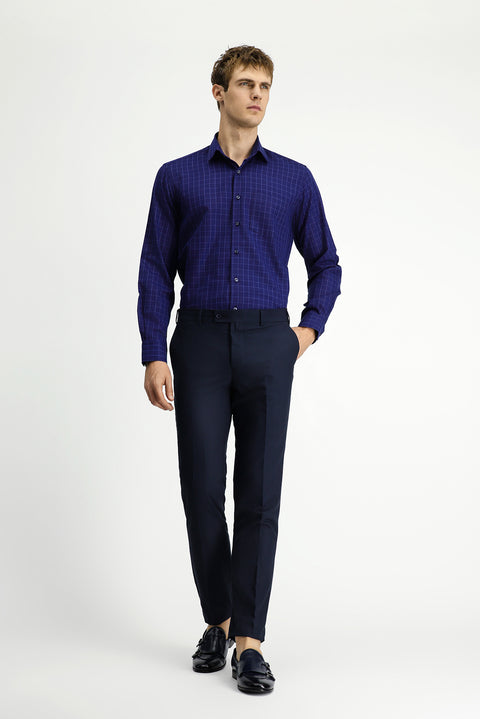 Medium Navy Long Sleeve Classic Pocketed Plaid Cotton Shirt