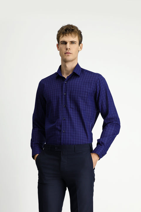 Medium Navy Long Sleeve Classic Pocketed Plaid Cotton Shirt