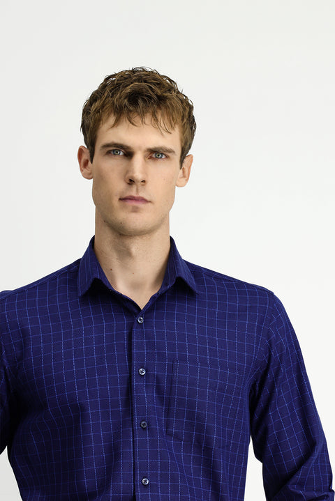 Medium Navy Long Sleeve Classic Pocketed Plaid Cotton Shirt