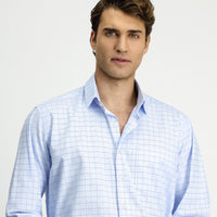 Light Blue Long Sleeve Classic Pocketed Plaid Cotton Shirt