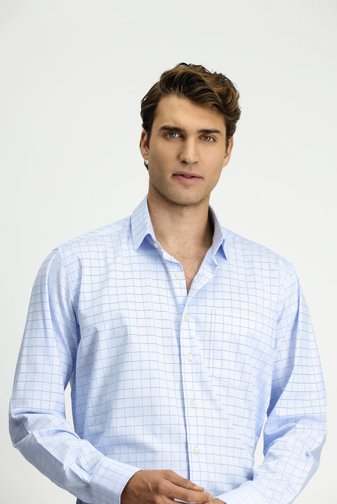 Light Blue Long Sleeve Classic Pocketed Plaid Cotton Shirt