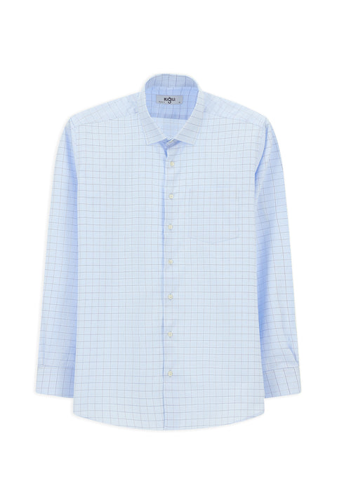 Light Blue Long Sleeve Classic Pocketed Plaid Cotton Shirt