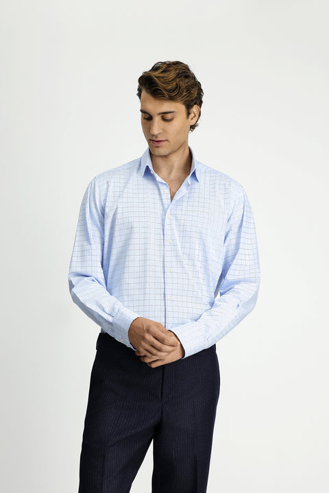 Light Blue Long Sleeve Classic Pocketed Plaid Cotton Shirt