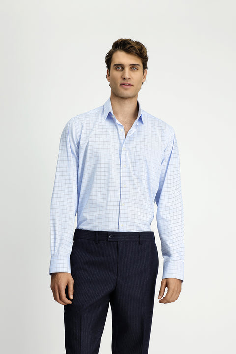 Light Blue Long Sleeve Classic Pocketed Plaid Cotton Shirt