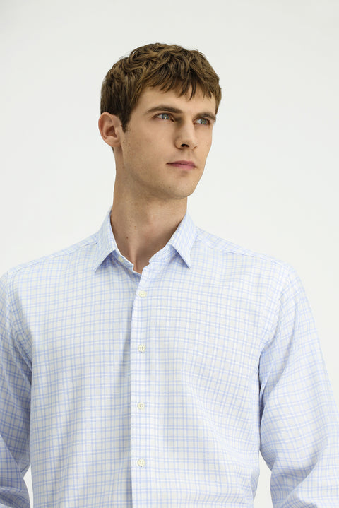 Light Blue Long Sleeve Regular Fit Cotton Plaid Shirt