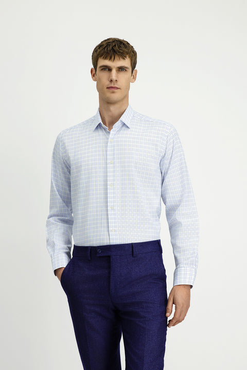 Light Blue Long Sleeve Regular Fit Cotton Plaid Shirt