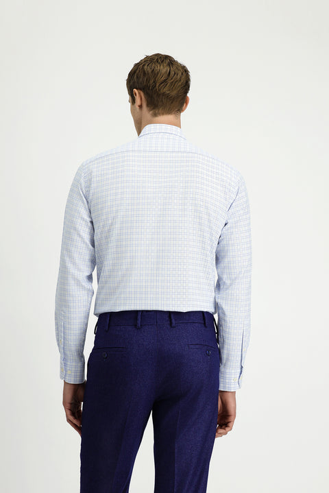Light Blue Long Sleeve Regular Fit Cotton Plaid Shirt