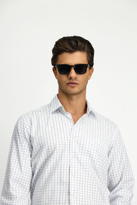 Medium Navy Long Sleeve Classic Pocketed Plaid Cotton Shirt