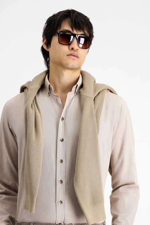 Medium Beige Long Sleeve Regular Fit Sport Cotton Button-Down Oxford Shirt