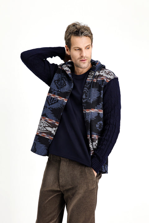 Medium Navy Hooded Long Sleeve Oversize Patterned Shacket Lumberjack Cotton Shirt/Jacket