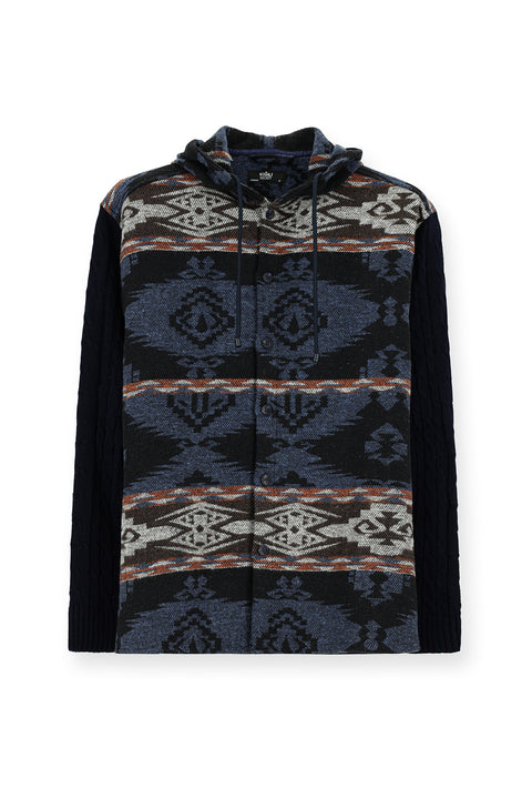 Medium Navy Hooded Long Sleeve Oversize Patterned Shacket Lumberjack Cotton Shirt/Jacket