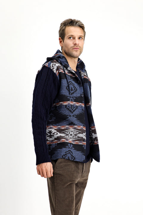 Medium Navy Hooded Long Sleeve Oversize Patterned Shacket Lumberjack Cotton Shirt/Jacket