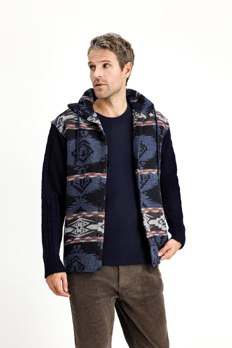 Medium Navy Hooded Long Sleeve Oversize Patterned Shacket Lumberjack Cotton Shirt/Jacket