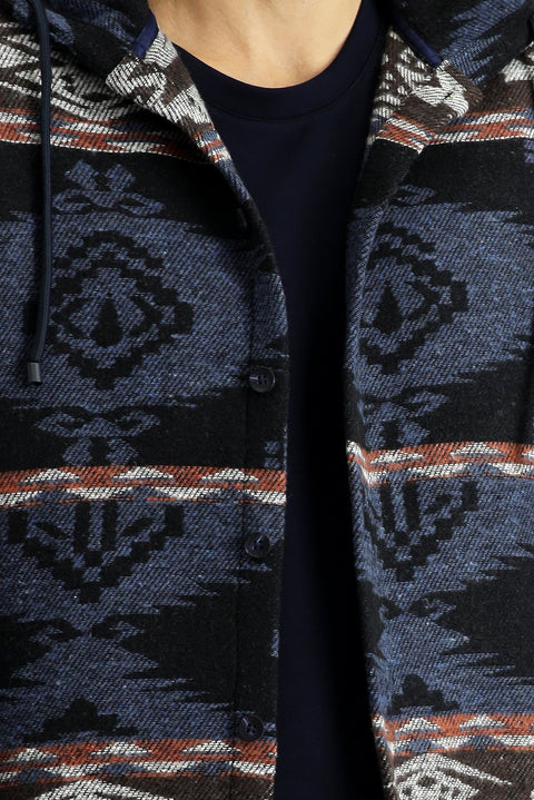 Medium Navy Hooded Long Sleeve Oversize Patterned Shacket Lumberjack Cotton Shirt/Jacket