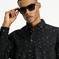 Black Long Sleeve Regular Fit Printed Sport Cotton Button-Down Collar Shirt