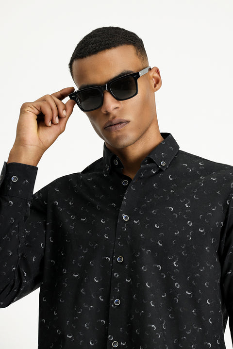 Black Long Sleeve Regular Fit Printed Sport Cotton Button-Down Collar Shirt