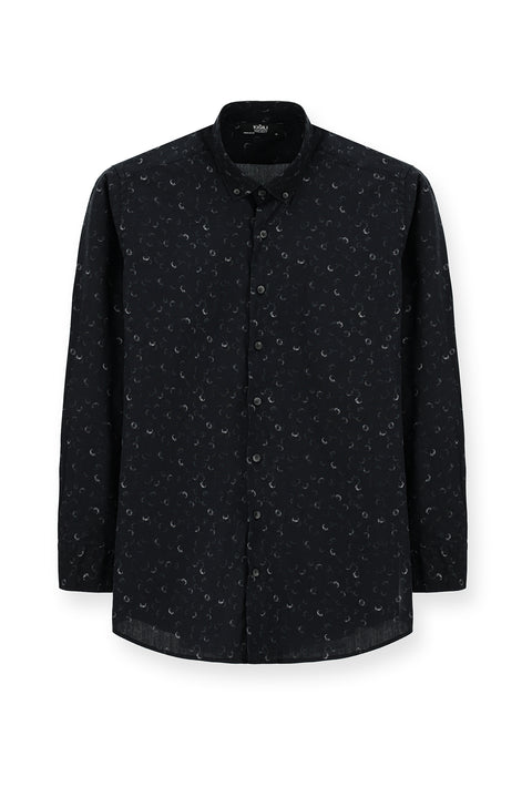 Black Long Sleeve Regular Fit Printed Sport Cotton Button-Down Collar Shirt