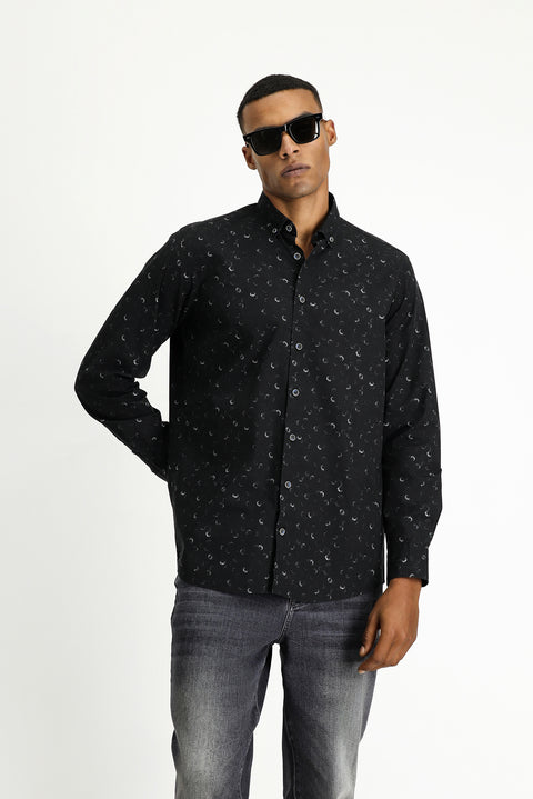 Black Long Sleeve Regular Fit Printed Sport Cotton Button-Down Collar Shirt
