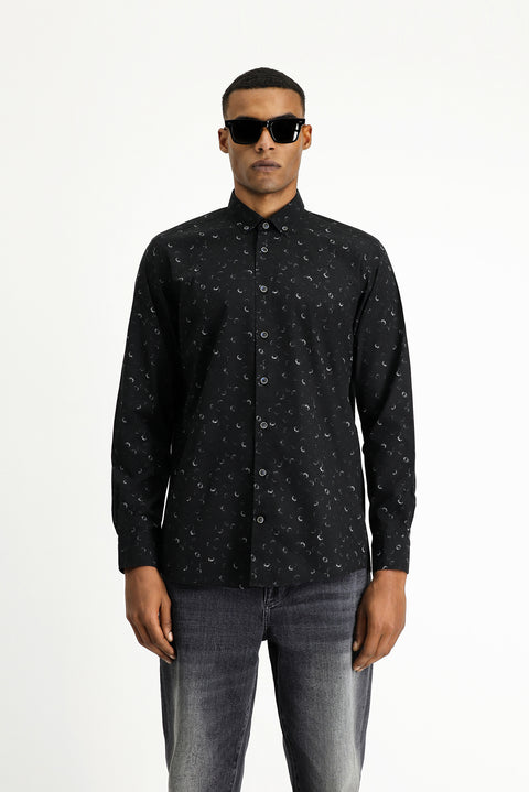 Black Long Sleeve Regular Fit Printed Sport Cotton Button-Down Collar Shirt