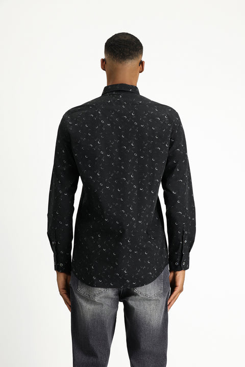 Black Long Sleeve Regular Fit Printed Sport Cotton Button-Down Collar Shirt