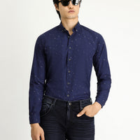 Medium Navy Long Sleeve Regular Fit Printed Sport Cotton Button-Down Collar Shirt