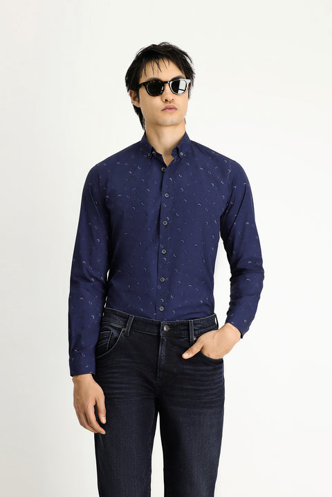Medium Navy Long Sleeve Regular Fit Printed Sport Cotton Button-Down Collar Shirt