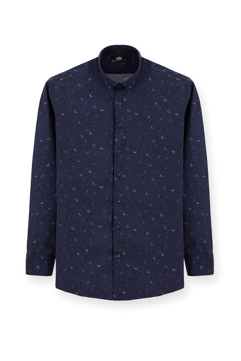 Medium Navy Long Sleeve Regular Fit Printed Sport Cotton Button-Down Collar Shirt
