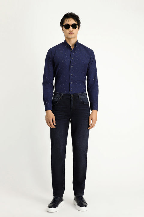 Medium Navy Long Sleeve Regular Fit Printed Sport Cotton Button-Down Collar Shirt