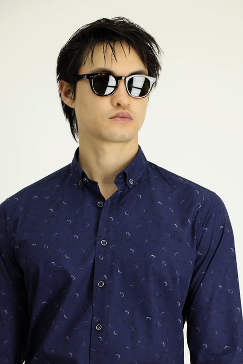 Medium Navy Long Sleeve Regular Fit Printed Sport Cotton Button-Down Collar Shirt