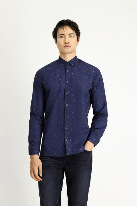 Medium Navy Long Sleeve Regular Fit Printed Sport Cotton Button-Down Collar Shirt