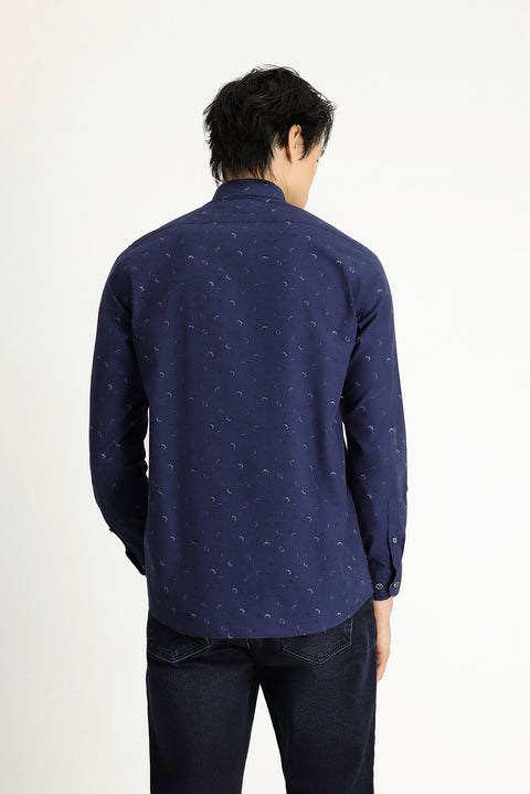 Medium Navy Long Sleeve Regular Fit Printed Sport Cotton Button-Down Collar Shirt