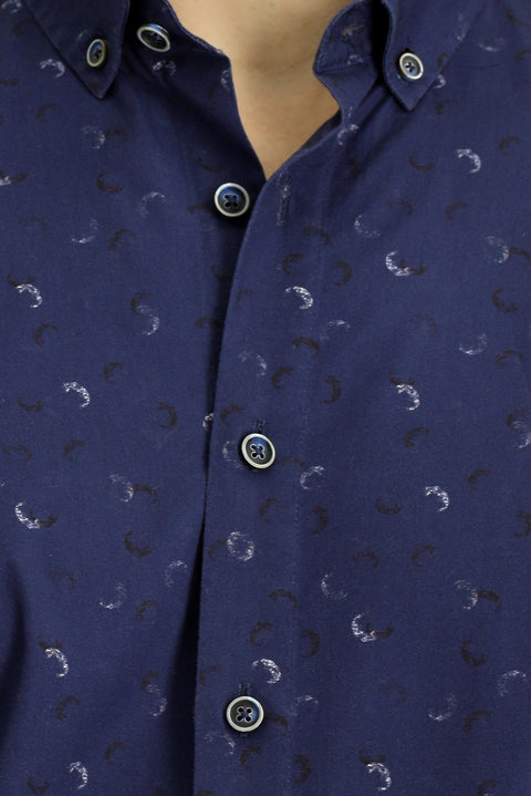 Medium Navy Long Sleeve Regular Fit Printed Sport Cotton Button-Down Collar Shirt