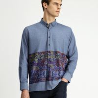 Sky Blue Long Sleeve Regular Fit Sport Cotton Button-Down Collar Easy-Iron Printed Shirt
