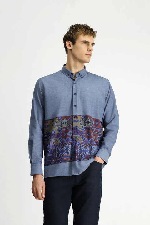 Sky Blue Long Sleeve Regular Fit Sport Cotton Button-Down Collar Easy-Iron Printed Shirt
