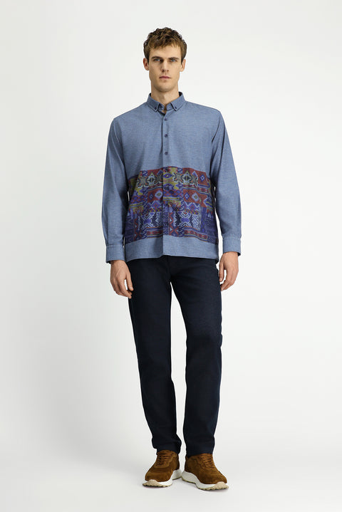 Sky Blue Long Sleeve Regular Fit Sport Cotton Button-Down Collar Easy-Iron Printed Shirt