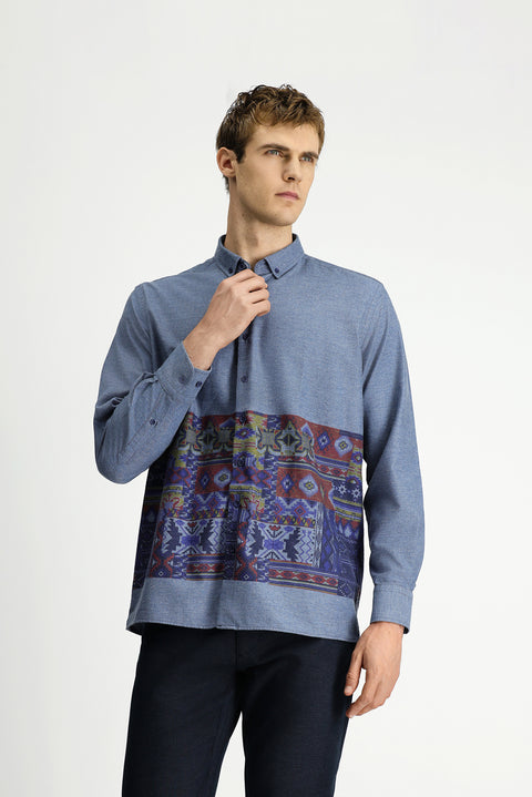 Sky Blue Long Sleeve Regular Fit Sport Cotton Button-Down Collar Easy-Iron Printed Shirt