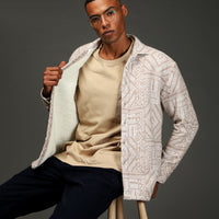 Light Beige Long Sleeve Oversize Patterned Fur-Trimmed Cotton Shirt/Coat