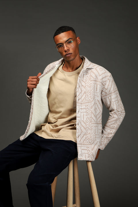 Light Beige Long Sleeve Oversize Patterned Fur-Trimmed Cotton Shirt/Coat